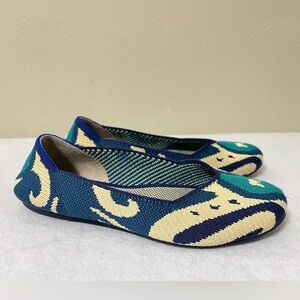 Rothy's The Flat Moroccan blue Teal Cream Textile Slip On Shoes Womens size 7